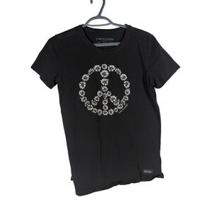 Life is Good Gray Floral Peace Sign Crusher T Shirt Sz M Casual Comfort Cotton